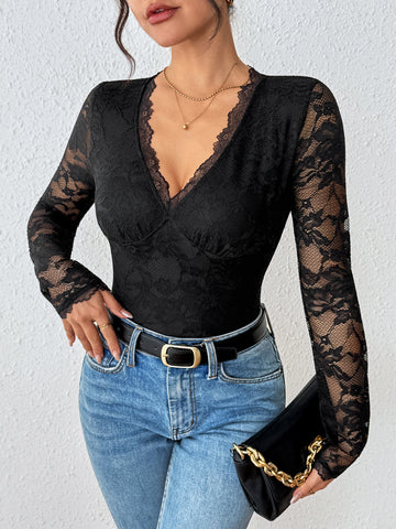 V Neck Sheer Lace Elegant Bodysuit