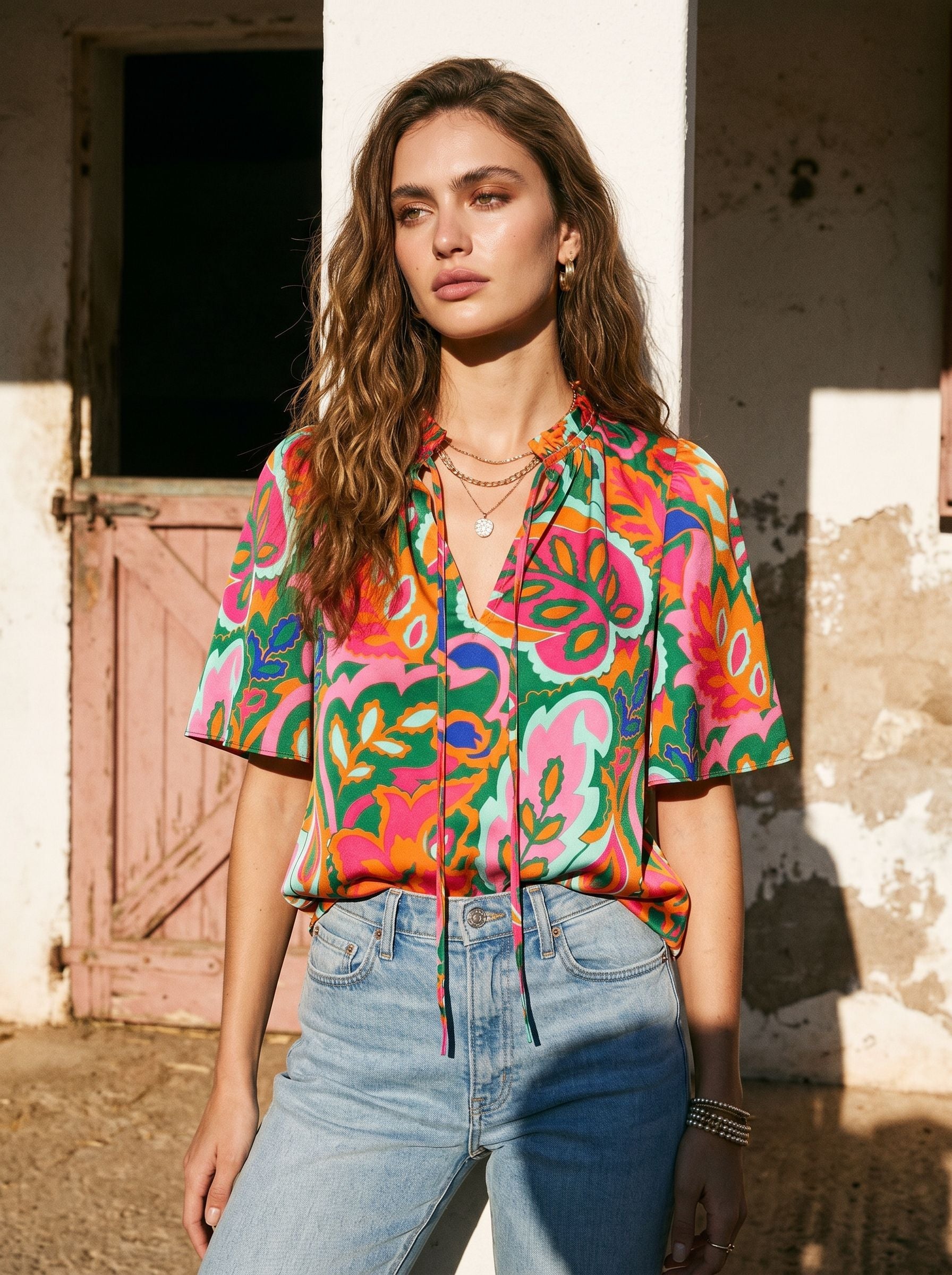 V Neck Floral Print Blouse