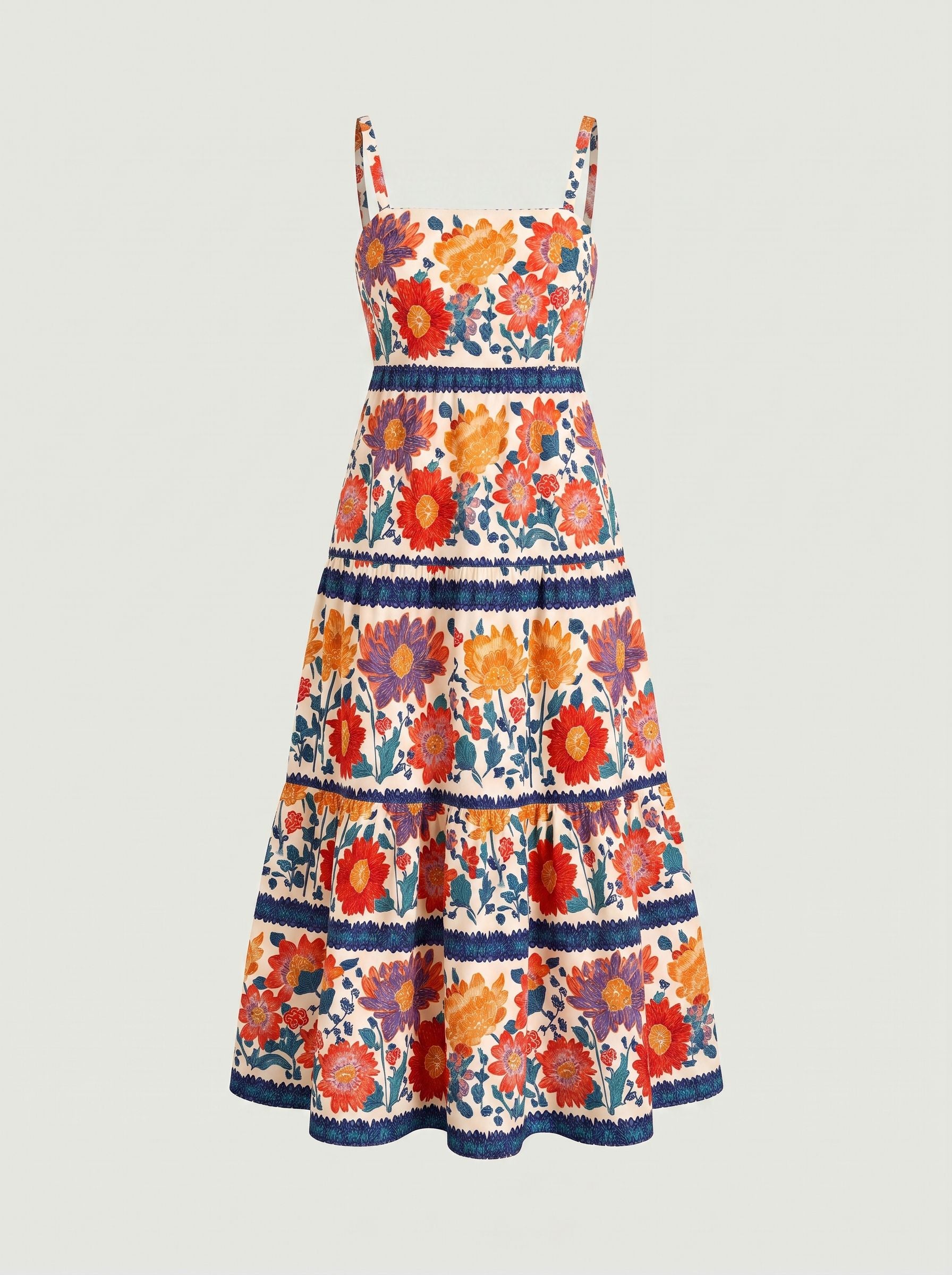 FLORA Floral Print Tiered Strap Midi Dress