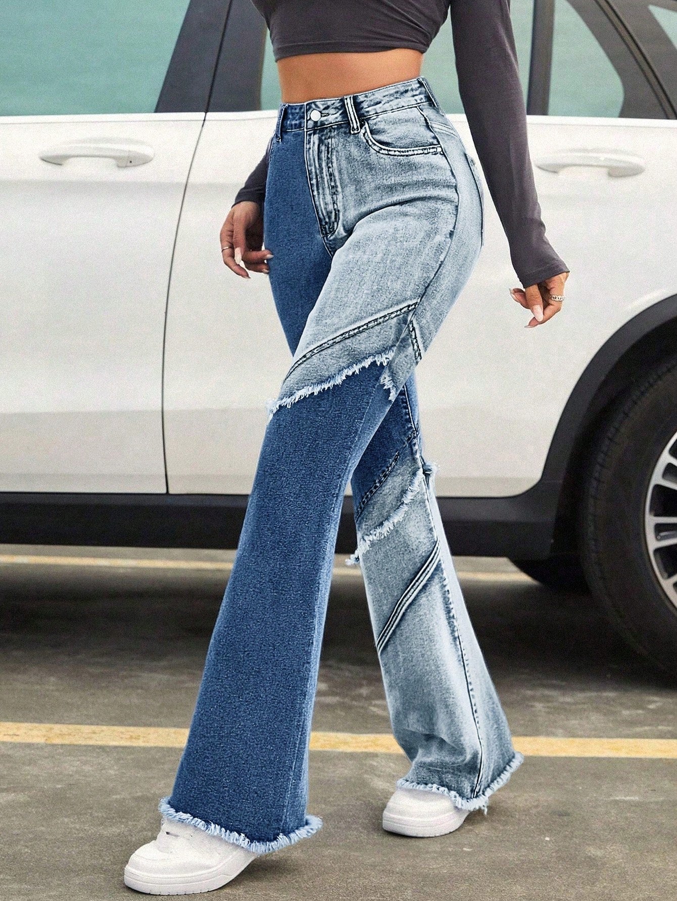 Two Tone Distressed Wide Leg Jeans