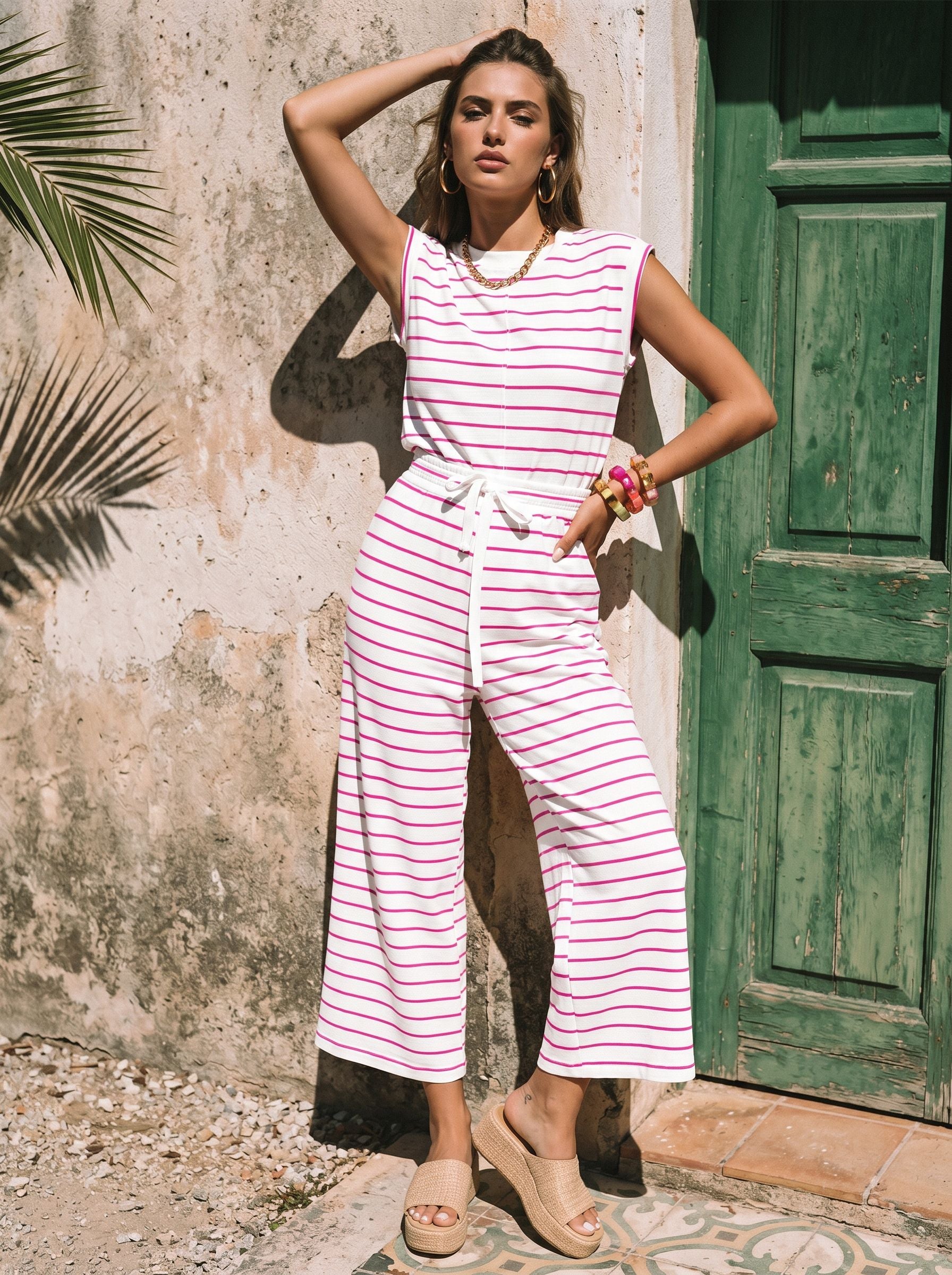 Striped Sleeveless Pants Set