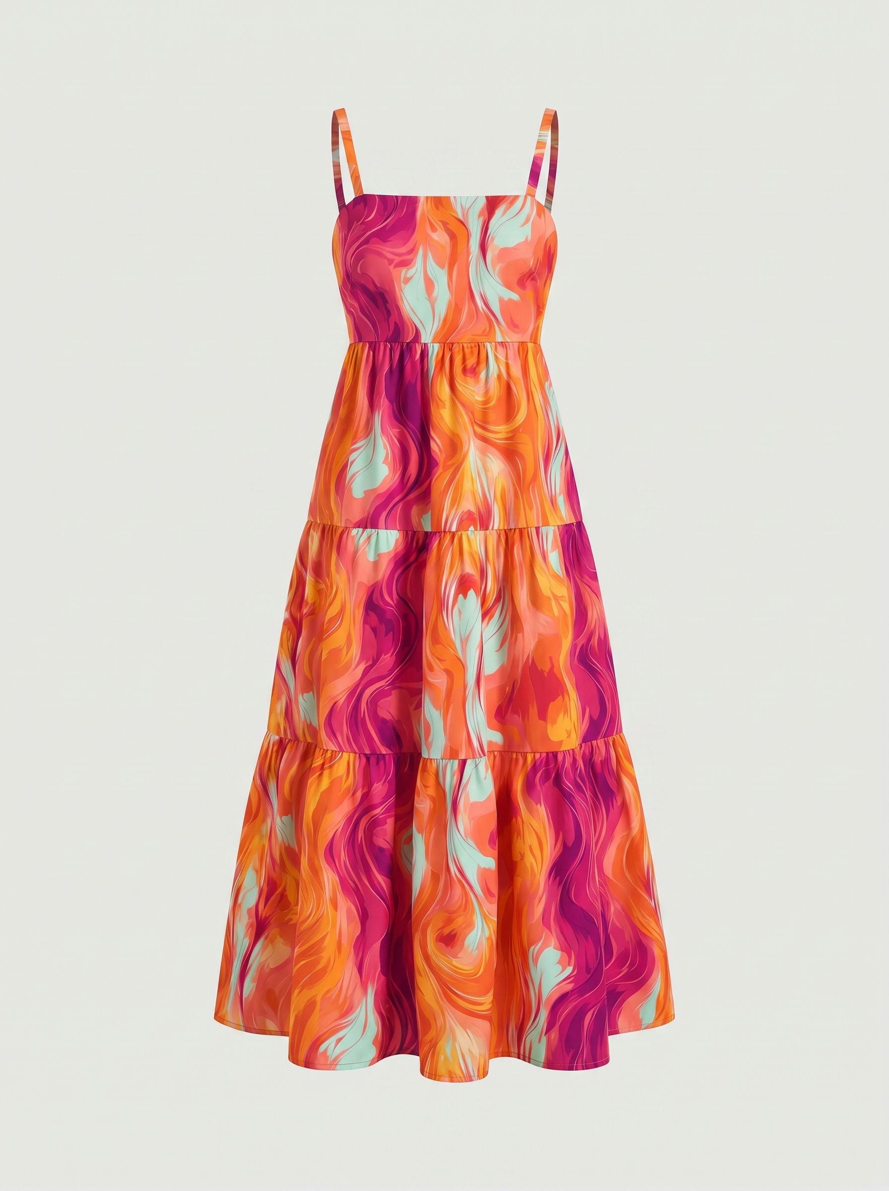 FLORA Floral Print Tiered Strap Midi Dress