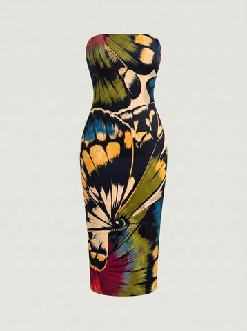 MAIA Floral Print Strapless Sheath Midi Dress
