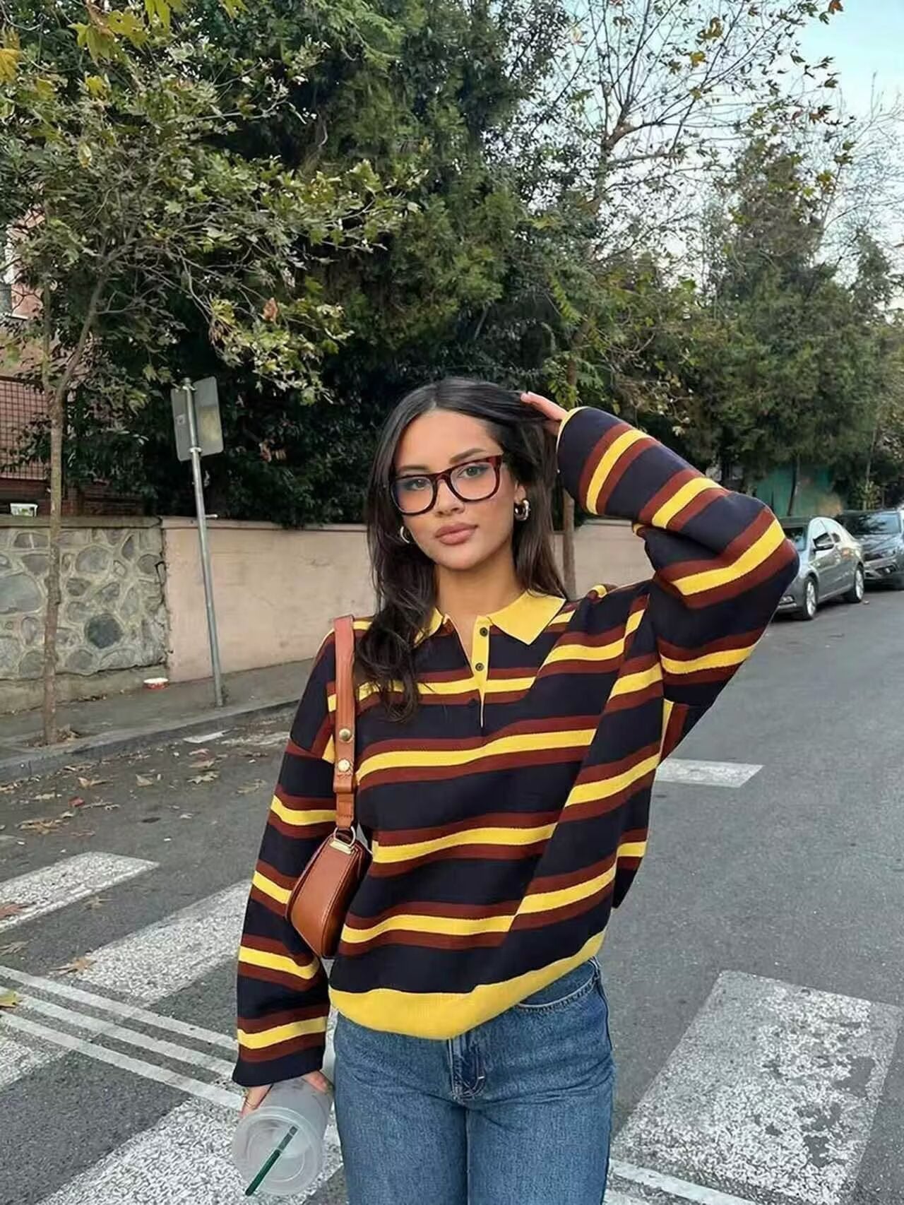Oversized Striped Polo Collar Sweater
