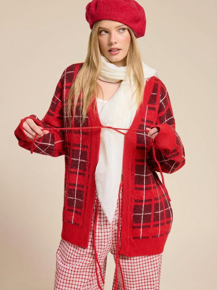Cozy Plaid Knit Tie Cardigan