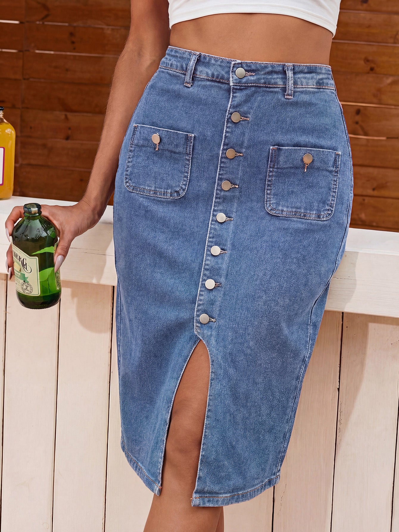 Low Stretch Denim Bodycon Midi Skirt