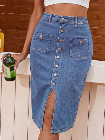 Low Stretch Denim Bodycon Midi Skirt