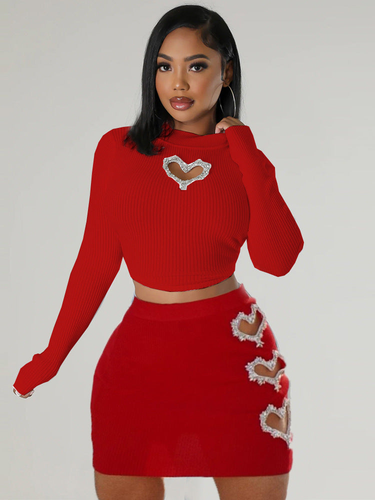 Rhinestone Heart Cutout Skirt Set