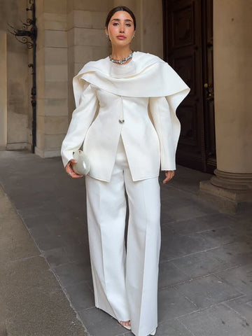 Elegant Draped Blazer Wide Leg Pantsuit