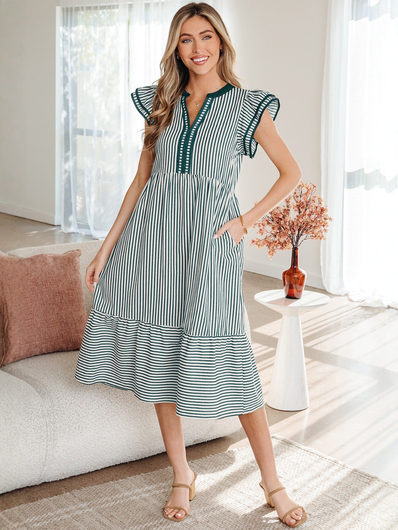 Striped Ruffle Sleeve Midi Dress