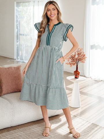 Striped Ruffle Sleeve Midi Dress