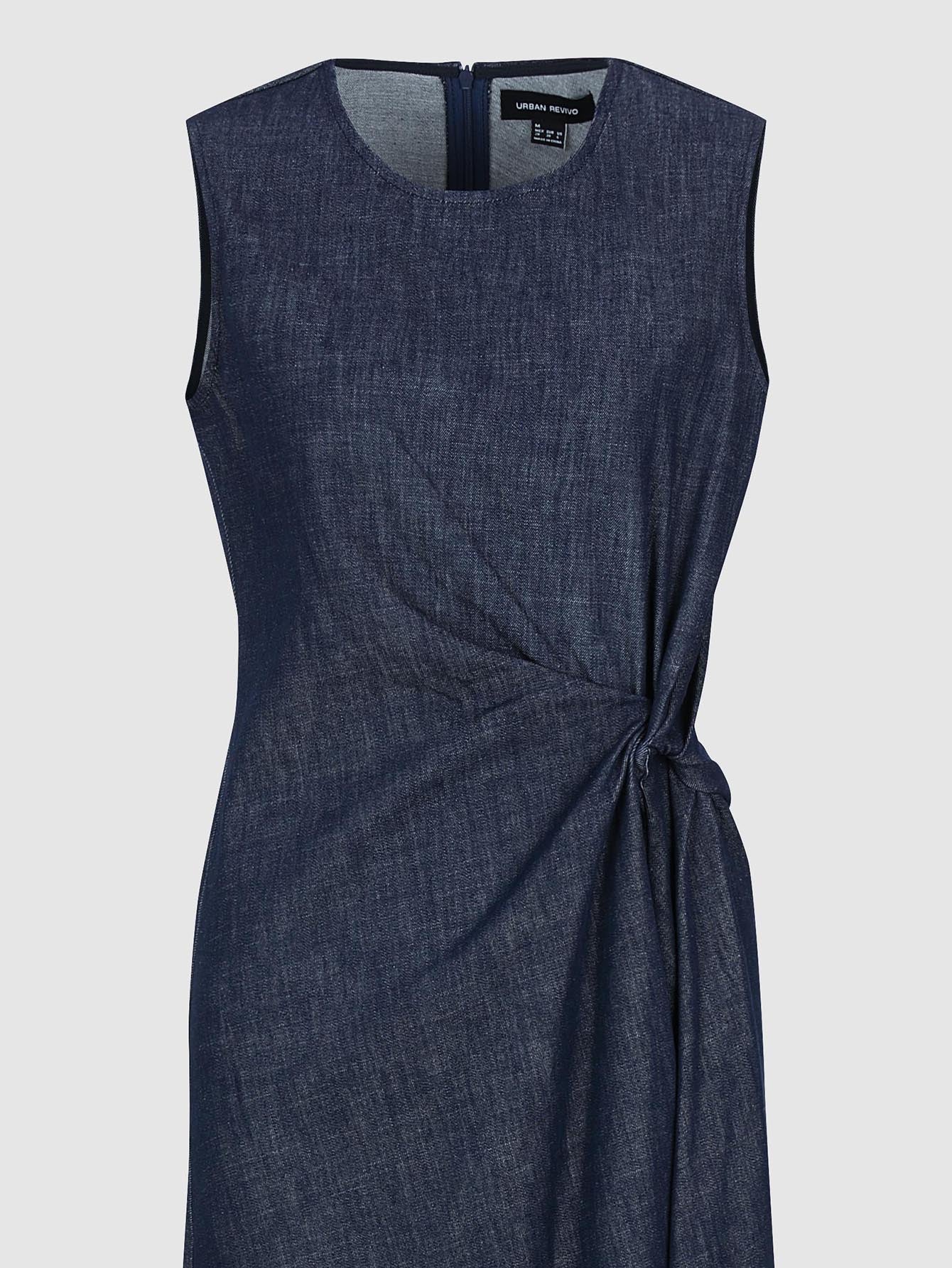 Urban Revivo Knot Front Sleeveless Denim Midi Dresses-Indigo