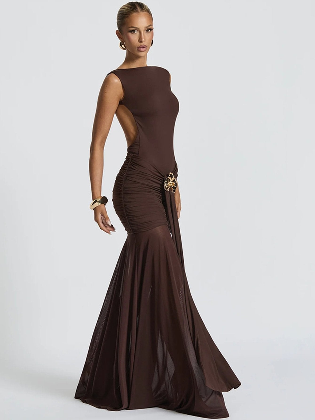 Elegant Ruched Embellished Maxi Dress