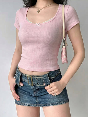 Ribbed Bow Detail Crop T Shirt