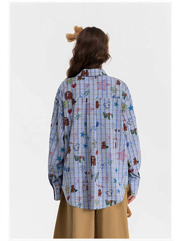 Oversized Plaid Doodle Print Button Up Shirt
