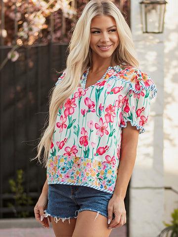 V Neck Floral Print Blouse
