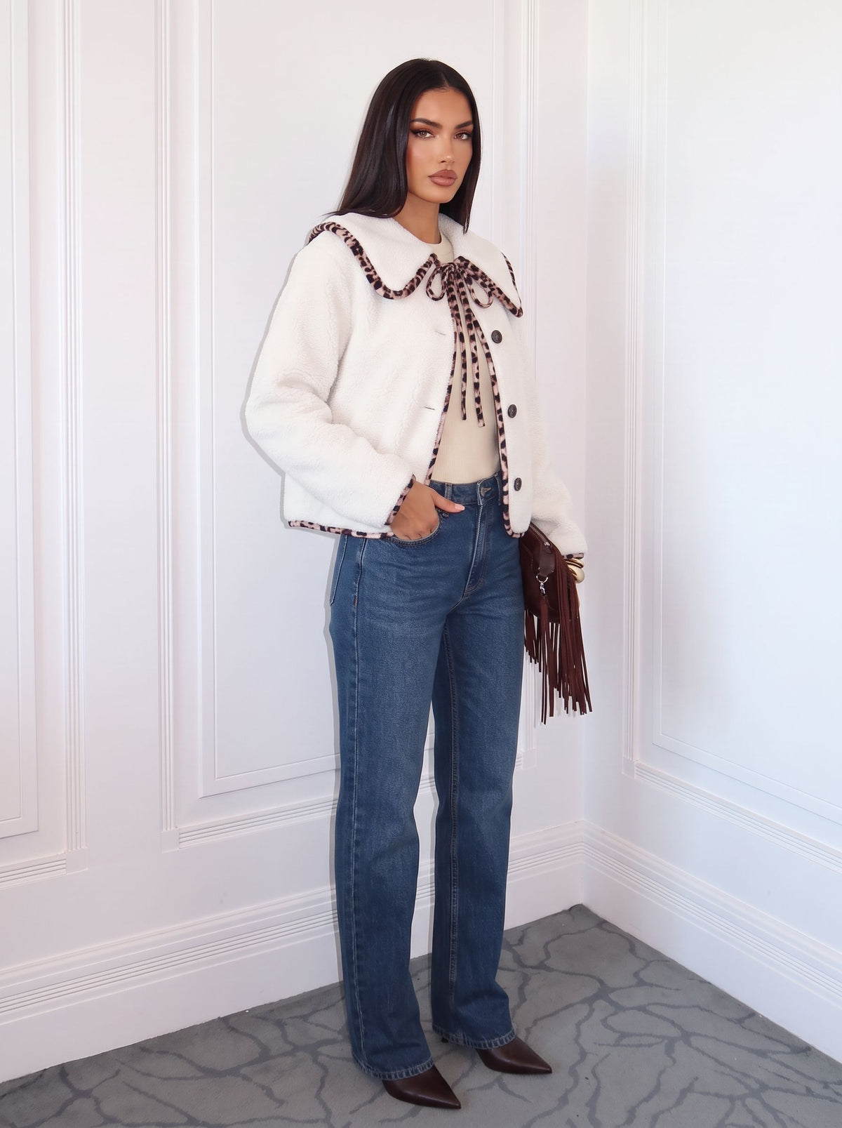 Leopard Trim Cozy Sherpa Jacket