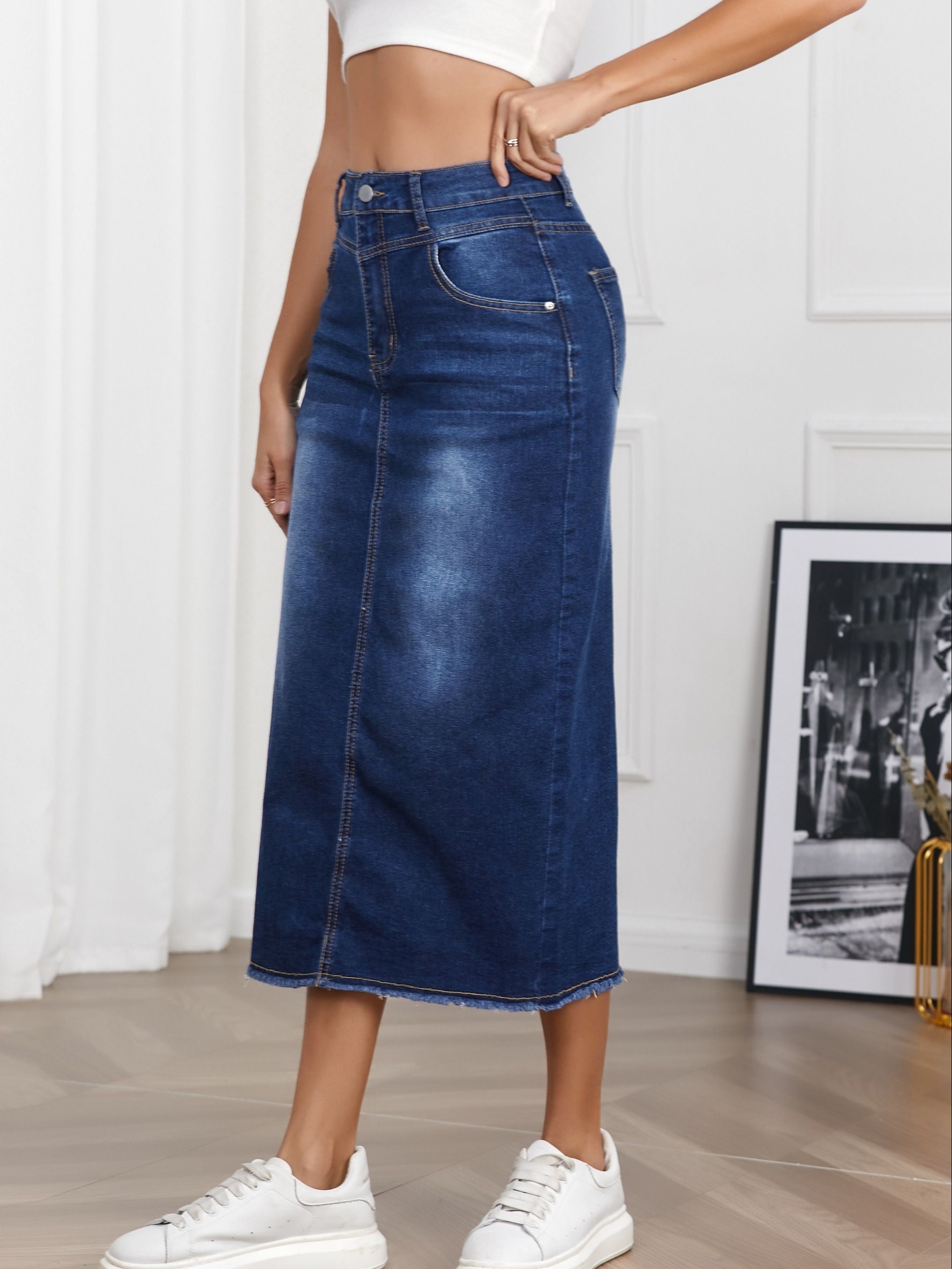 High Rise Raw Hem Denim Skirt