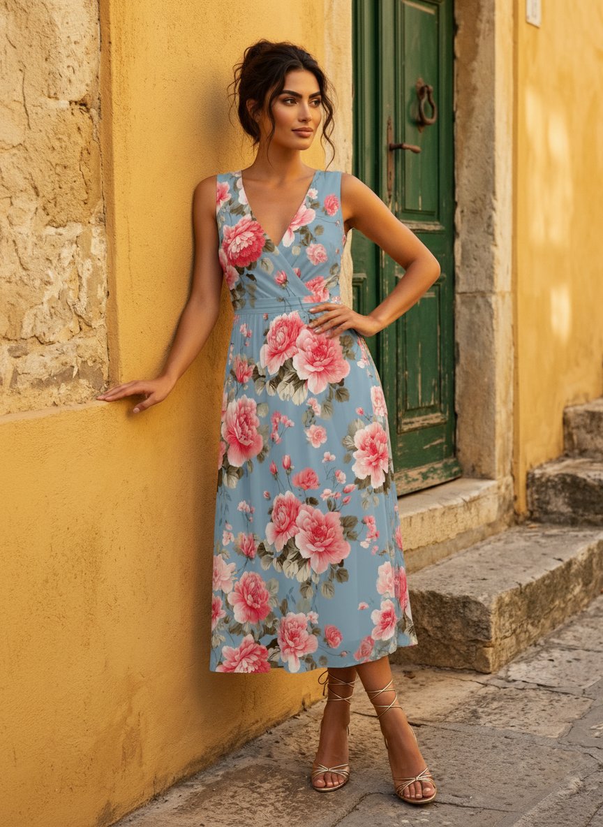CORINNE
Floral Print V Neck A Line Midi Dress