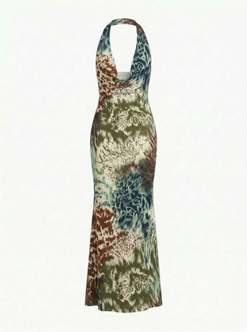 LILA Floral Print Cowl Neck Bodycon Midi Dress