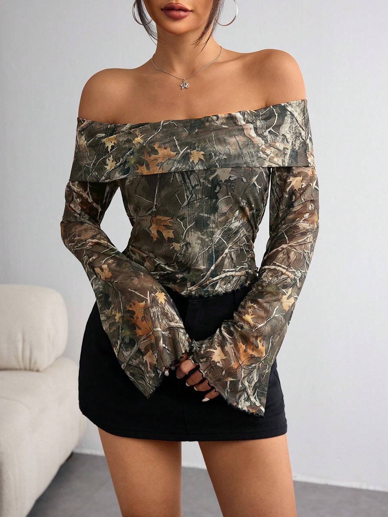Camo Off Shoulder Long Sleeve Tee