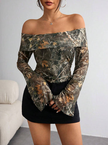 Camo Off Shoulder Long Sleeve Tee