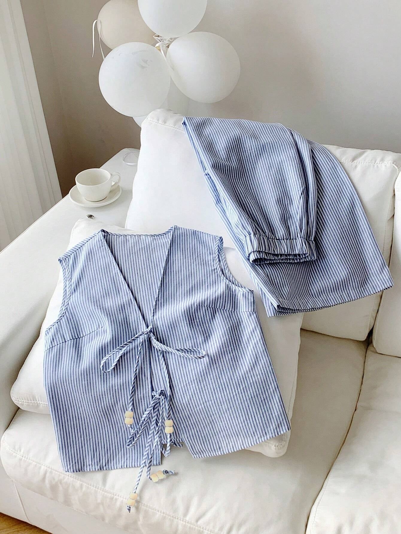 Drawstring Sleeveless Top Elastic-Waist Pants Casual Set-Blue