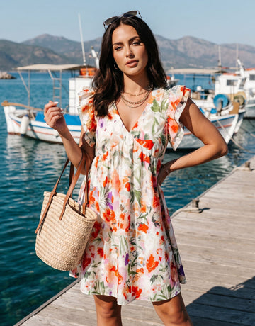 Floral Ruffle Sleeve V Neck Dress