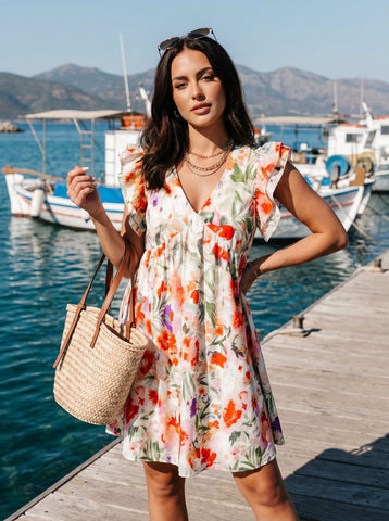Floral Ruffle Sleeve V Neck Dress