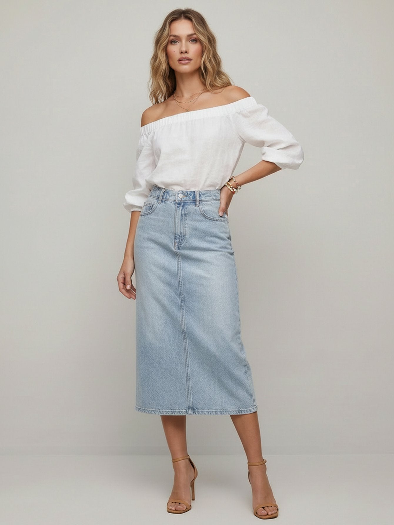 Cotton Denim Midi Skirt