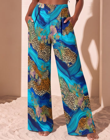 Blue Marble Leopard Print Wide Leg Pants