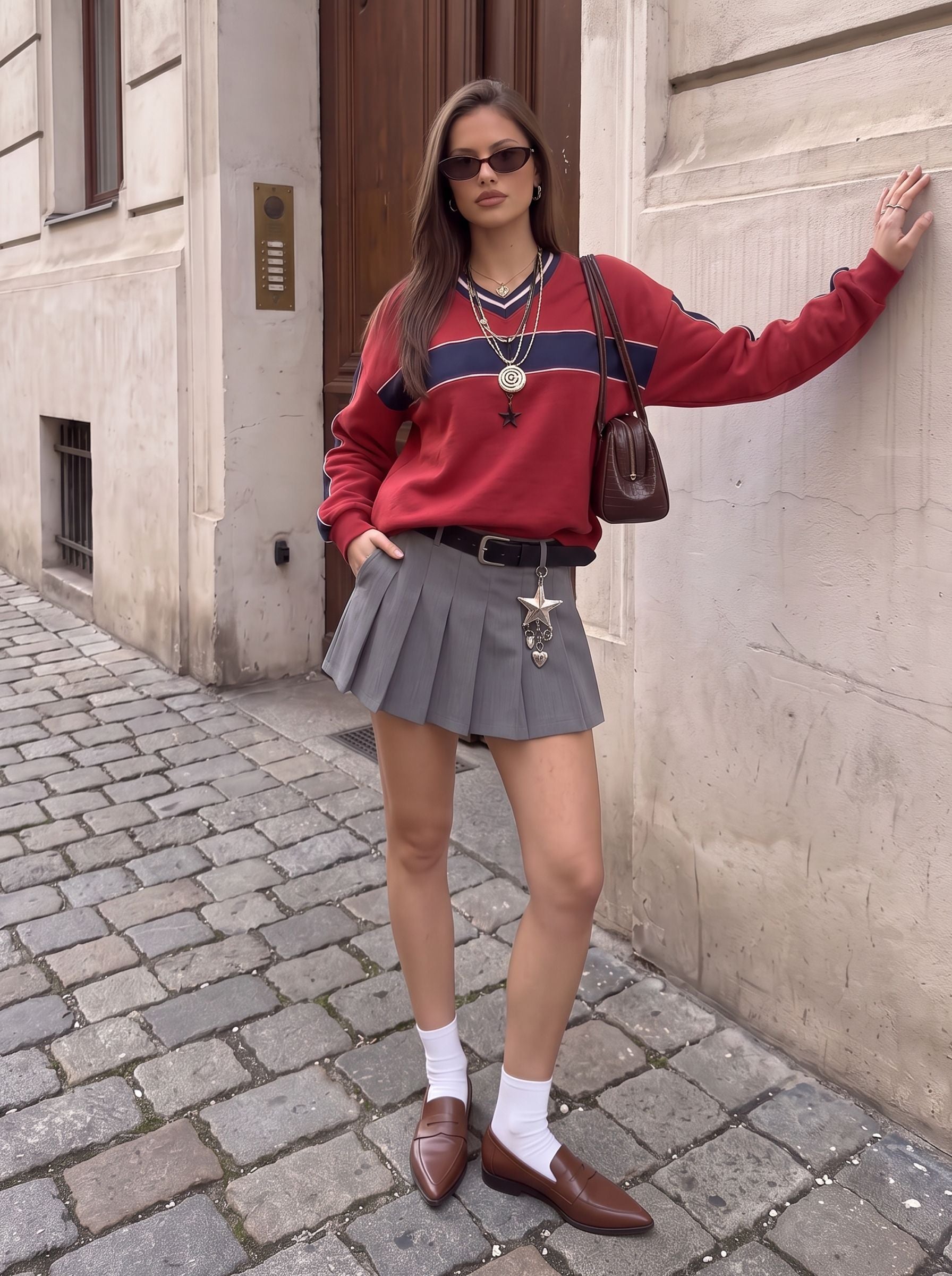Oversized V Neck Varsity Knit Sweater