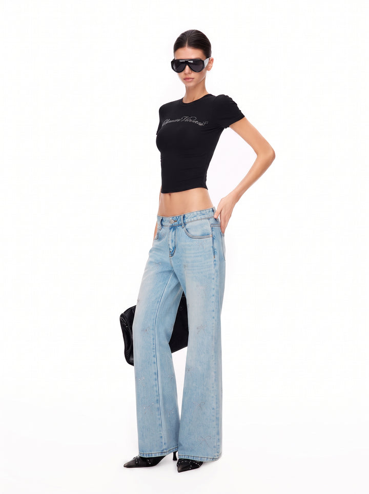 Rhinestone Bow Embellished Flare Jeans