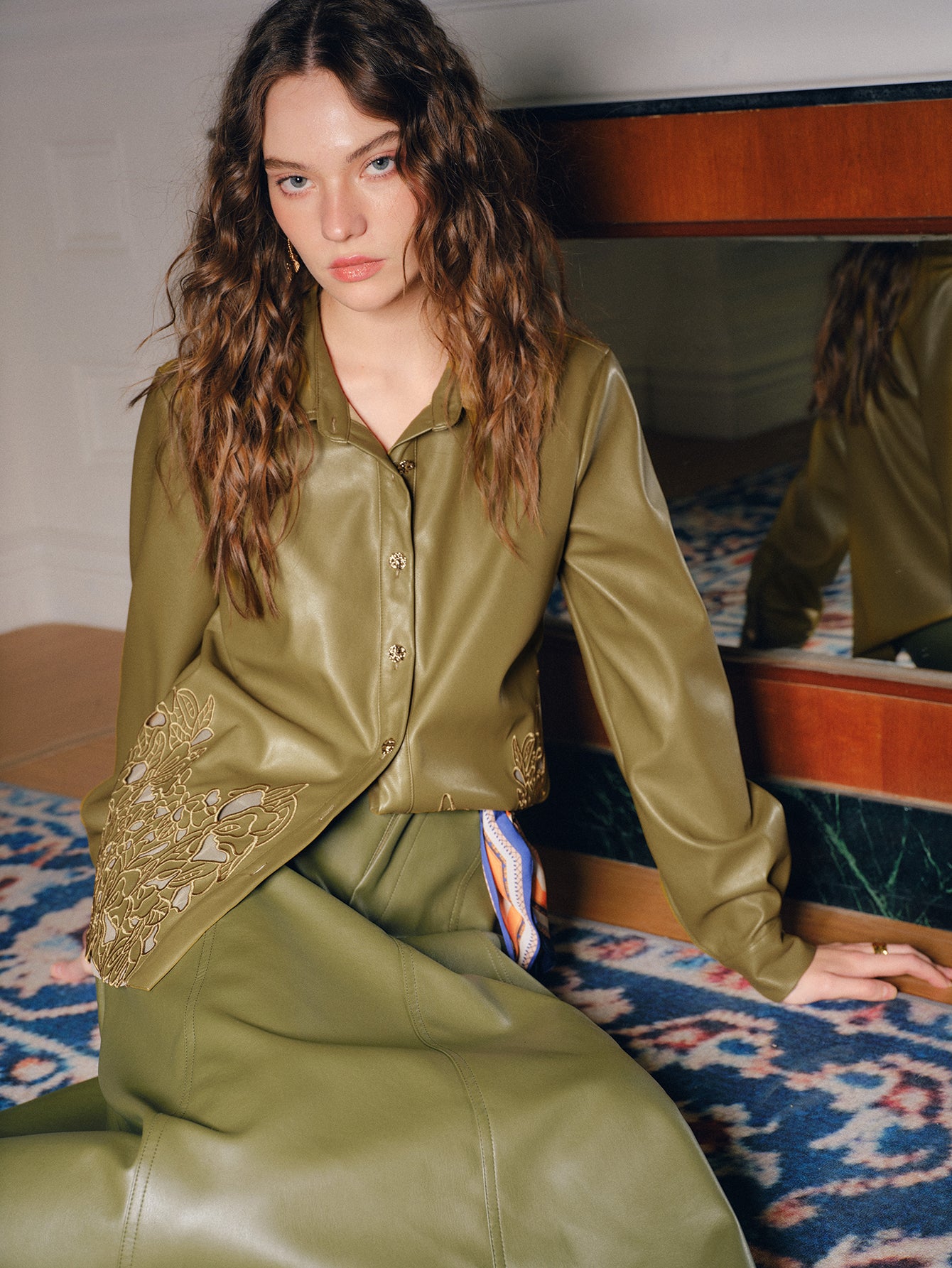 Embroidered Faux Leather Button Down Shirt