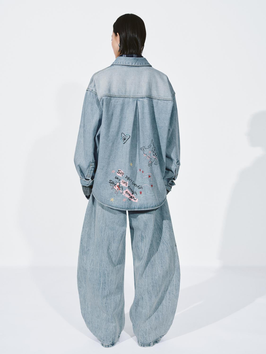Urban Revivo Embroidered Patch Pocket Denim Shirts-Sky Blue