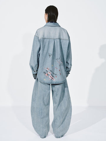 Urban Revivo Embroidered Patch Pocket Denim Shirts-Sky Blue