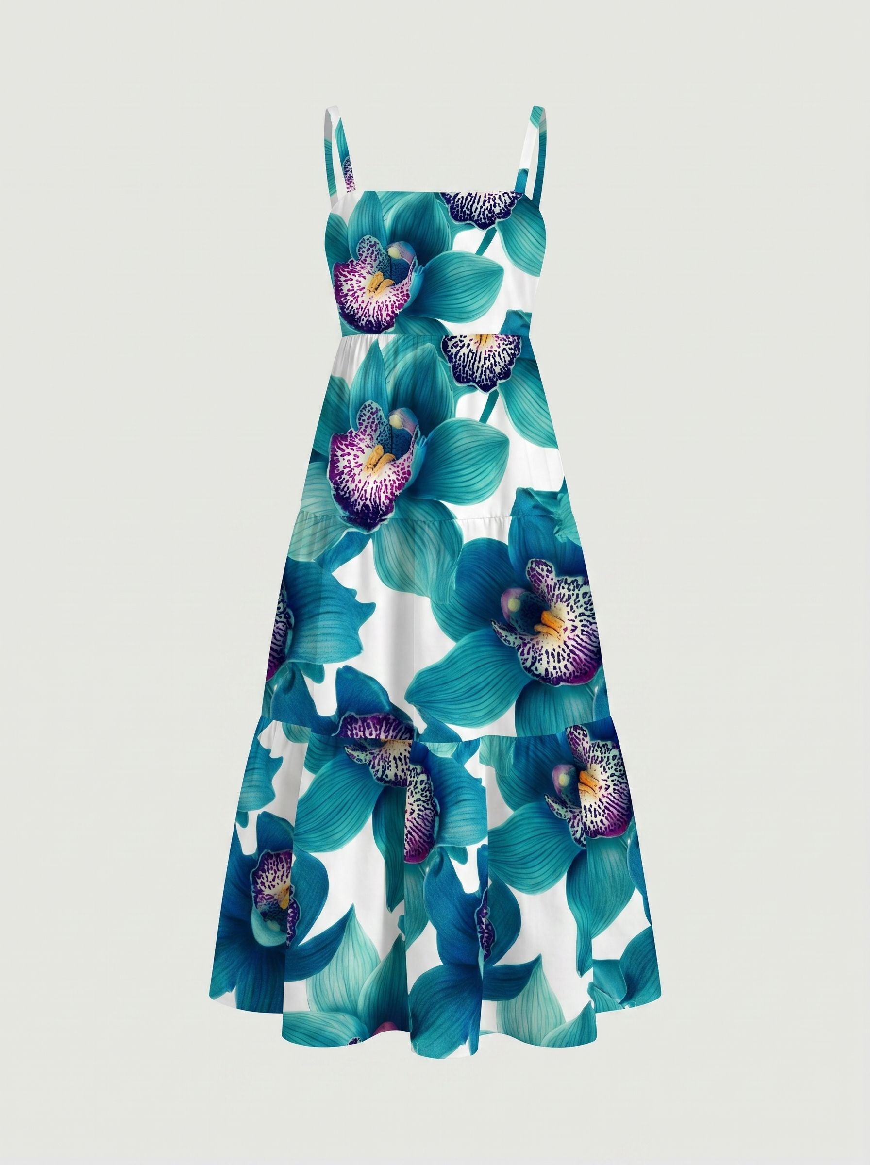 FLORA Floral Print Tiered Strap Midi Dress