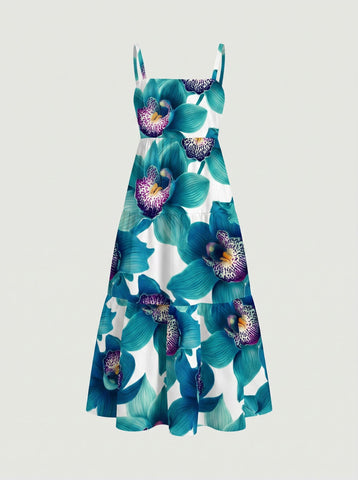 FLORA Floral Print Tiered Strap Midi Dress