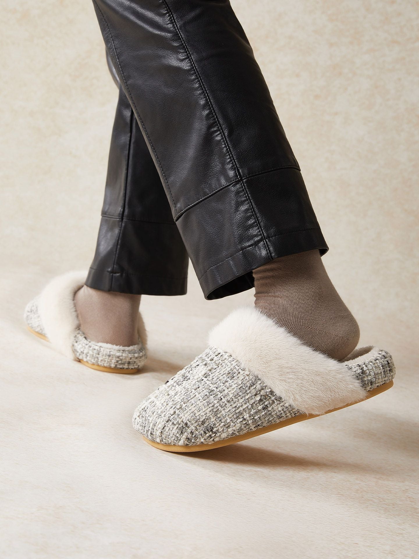 Cozy Faux Fur Tweed House Slippers