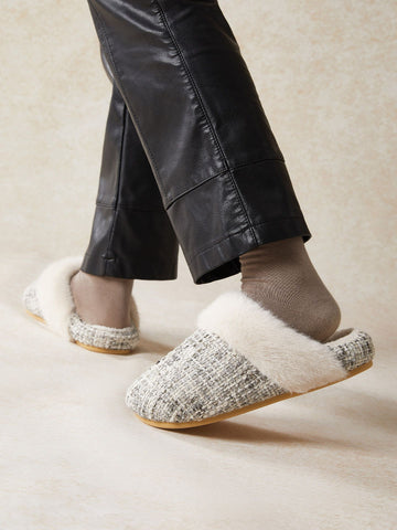 Cozy Faux Fur Tweed House Slippers