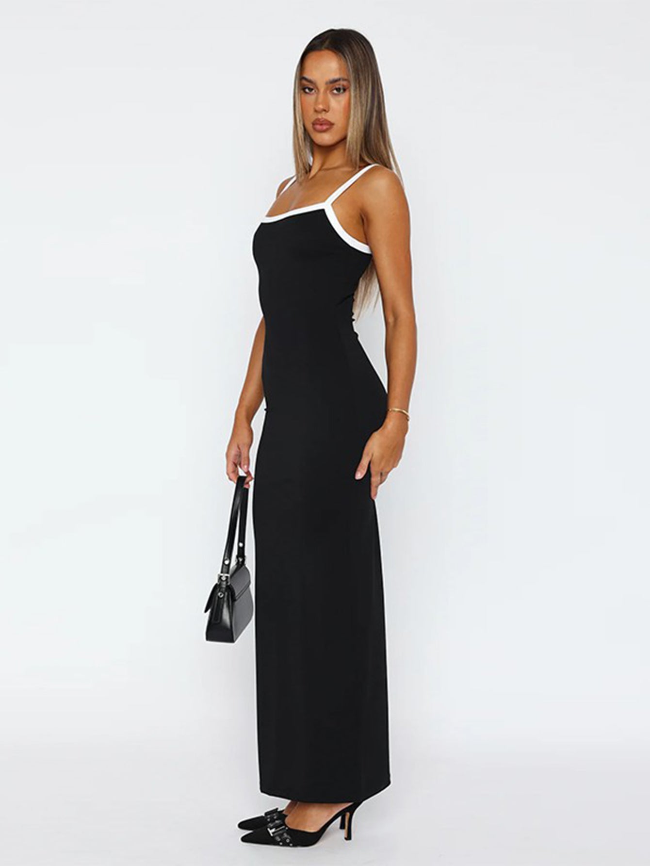 Square Neck Contrast Trim Classic Maxi Dress