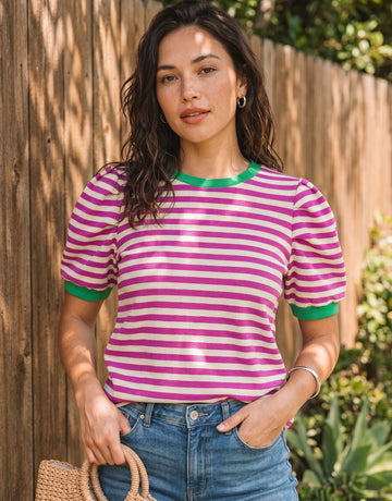 Striped Pattern Puff Sleeve T-Shirt