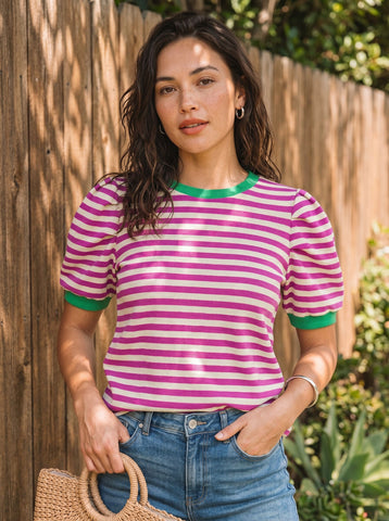 Striped Pattern Puff Sleeve T-Shirt