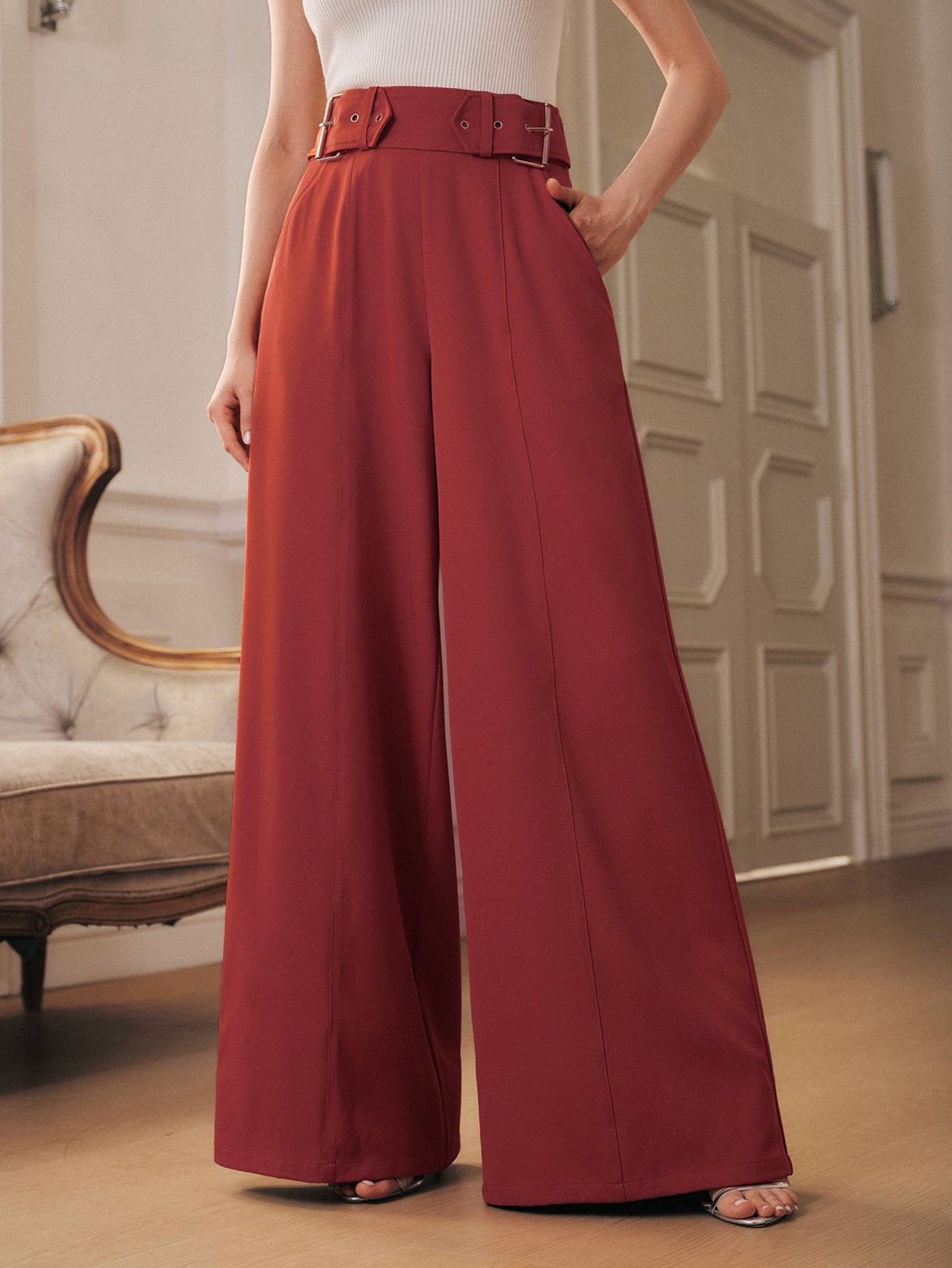 High Waisted Belted Wide Leg Pants