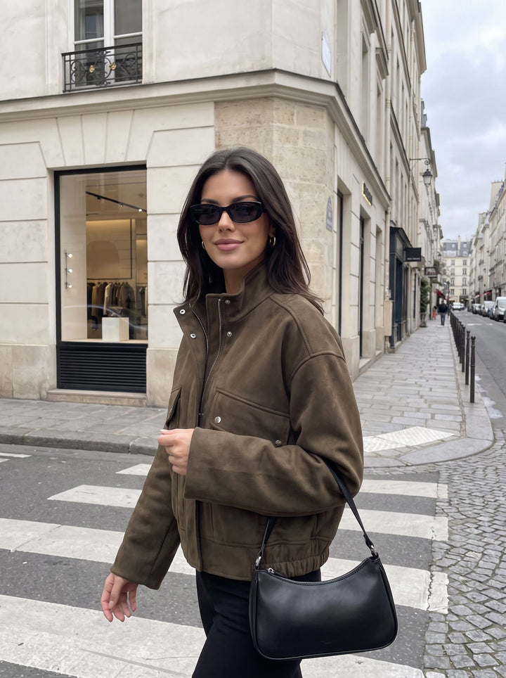 Cropped Suede Utility Bomber Jacket