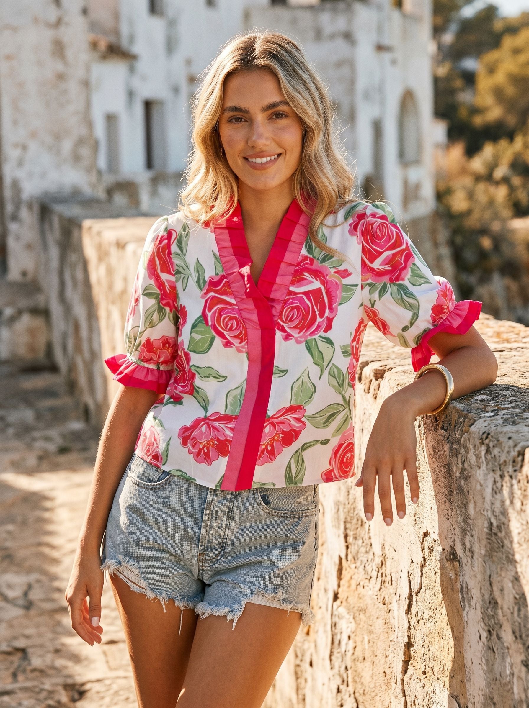 Floral Ruffle Trim Chiffon Blouse