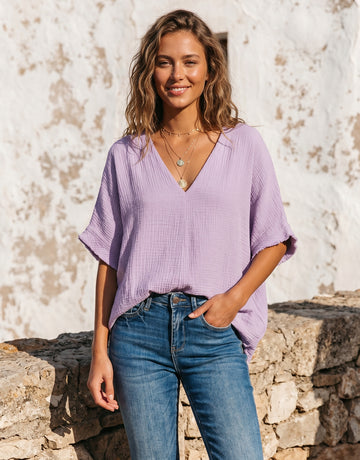 Relaxed V Neck Textured Blouse