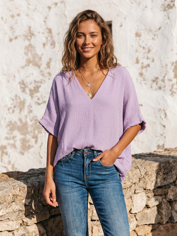 Relaxed V Neck Textured Blouse