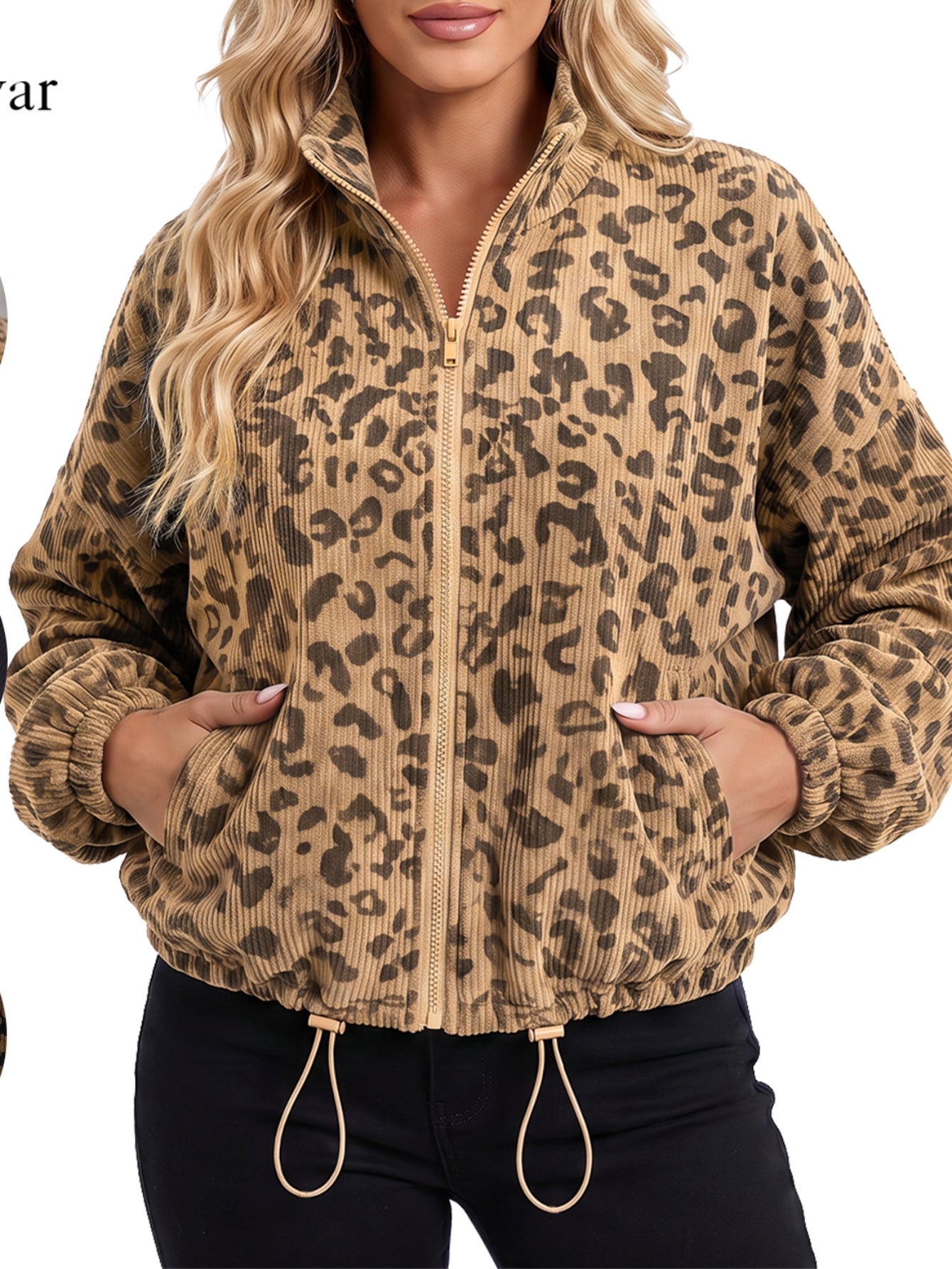 Leopard Print Corduroy Zip Up Jacket