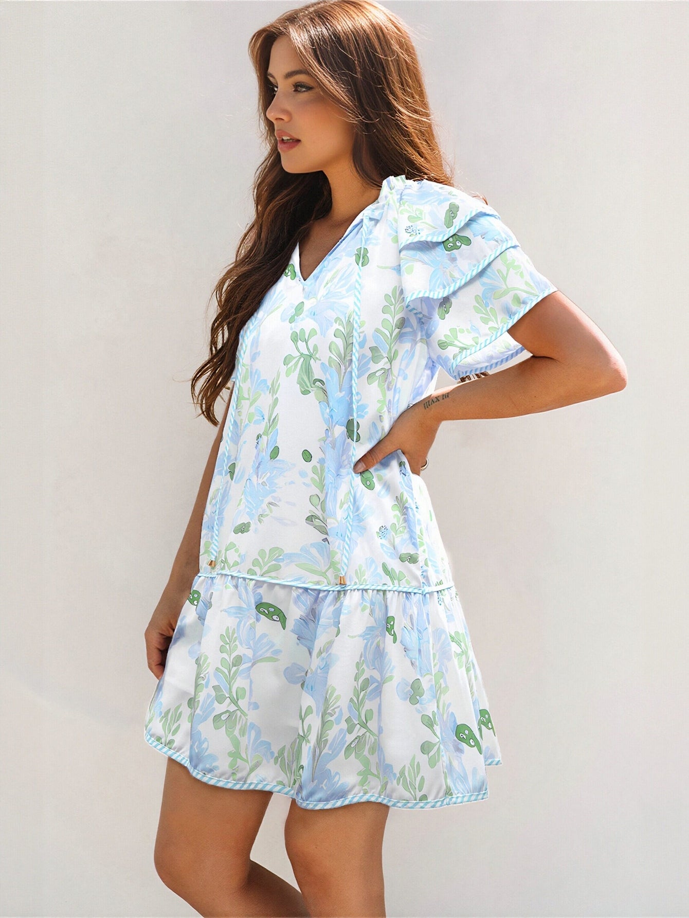 Ruffle Sleeve Blue Trim Mini Dress